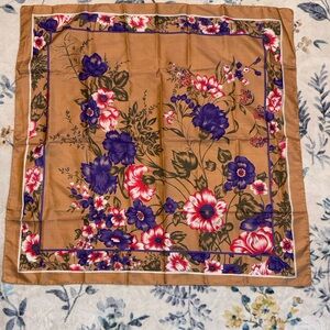 100% Thai Silk Floral Square Scarf in Camel with Purple & Pink Blooms 35x35
